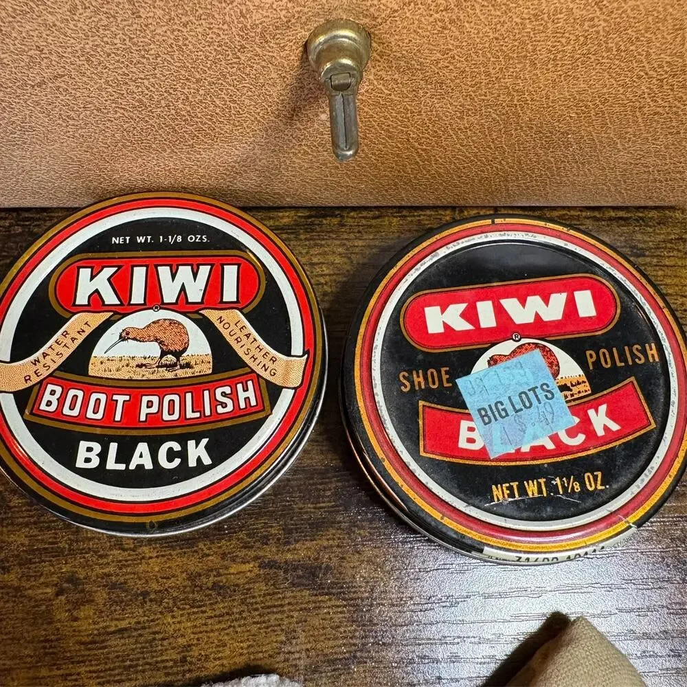 Vintage 1960's Kiwi Shoe Shine Kit 4 Horsehair Brushes Black Brown Polish Case
